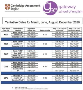 Cambridge ESOL KET, PET, FCE, CAE Exam Dates Malta 2020 - Gateway School of English GSE