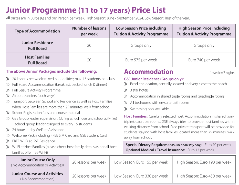 English school Malta GSE Junior Teens Kids Programme Price List 2024