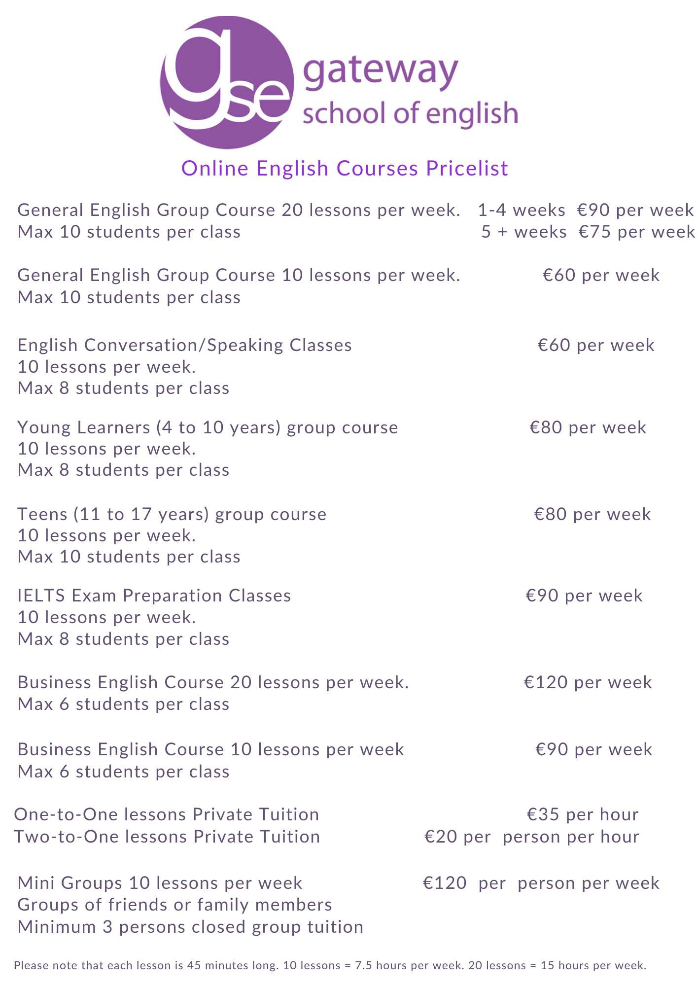 English Online Courses Gateway School of English Pricelist
