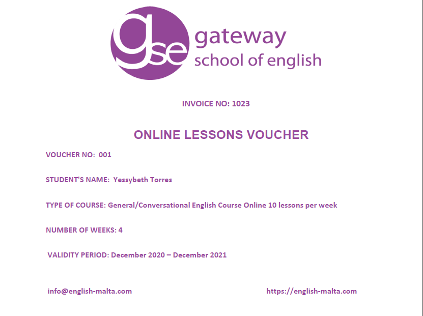 Cheque regalo para cursos y clases de inglés online Gateway School of English GSE