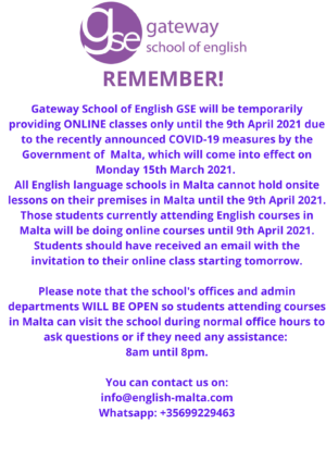 Gateway School of English GSE March 2021 Online English classes only