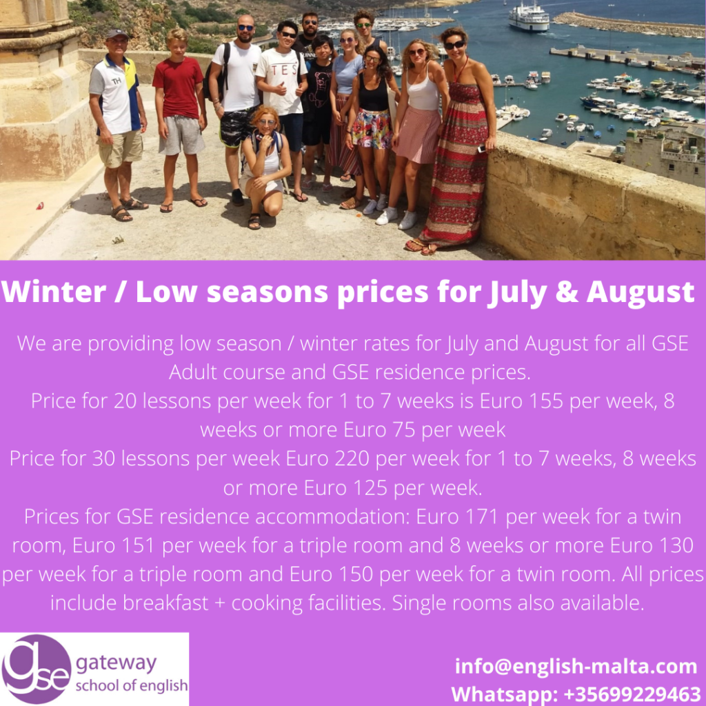 English School Malta Gateway GSE Summer July and August winter prices
