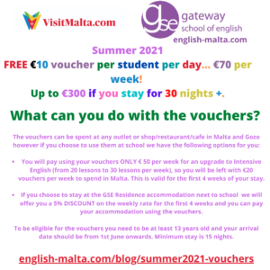 English schools in Malta Summer 2021 Free Vouchers Malta government Gateway School of English GSE